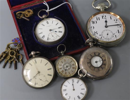 A Waltham keyless silver half-hunter pocket watch and five other pocket watches,